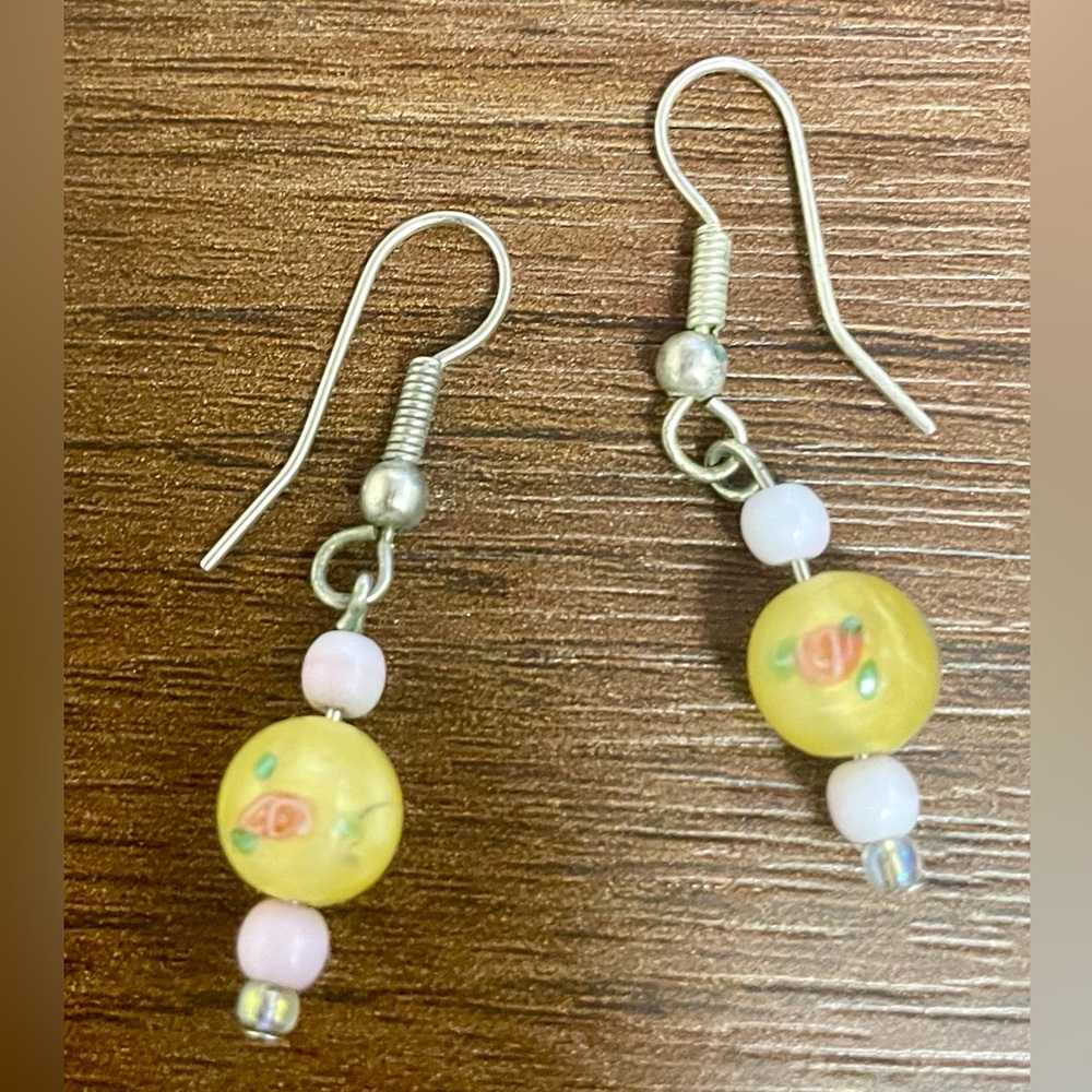Yellow Floral Beaded Dangle Earrings